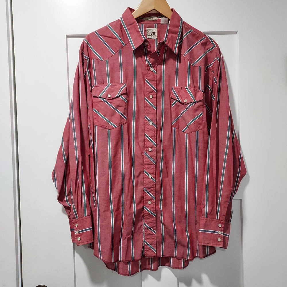 Vtg LEE pearl Snap Southwestern Cowboy Rodeo Farm Western Barn Chore Shirt XL